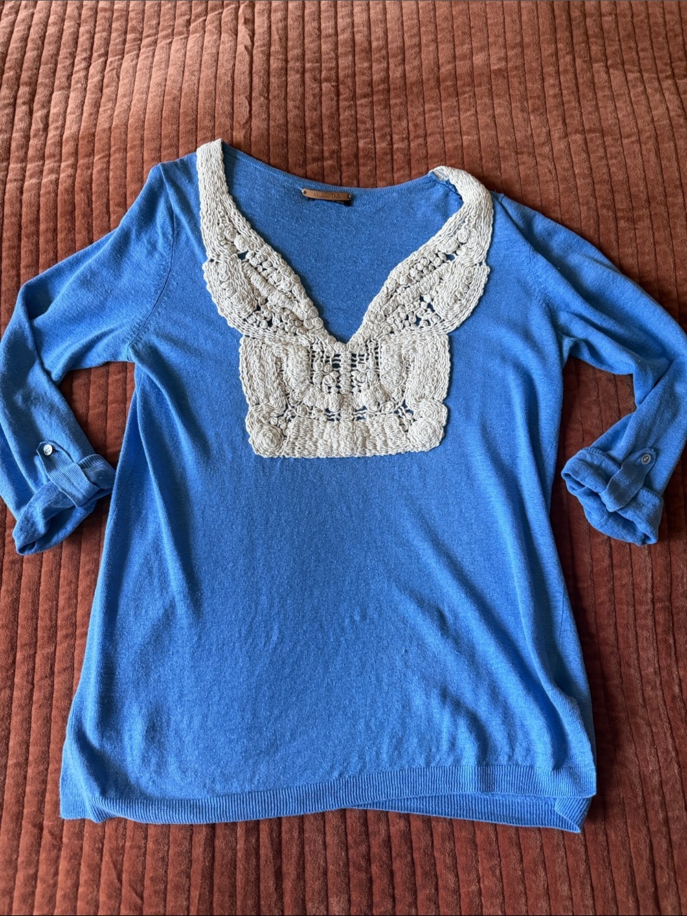 MASSIMO DUTTI Sky Blue Cotton Linen Blend Top with Woven Detail